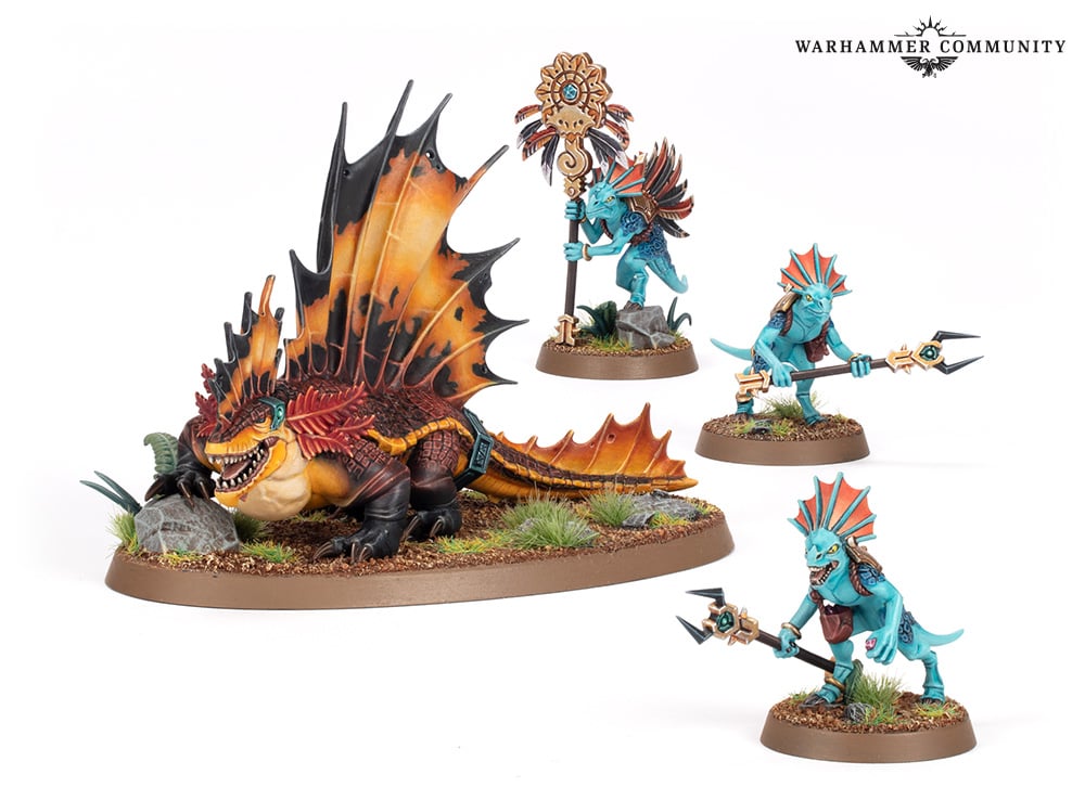 An image of Warhammer Age of Sigmar Seraphon - Spawn Of Chotec unit, featuring a giant fire lizard